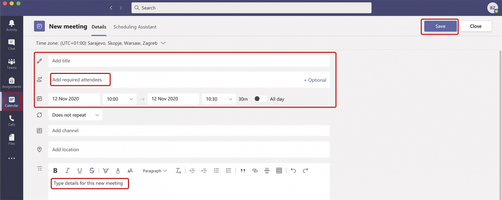 Creating meeting in Teams Calendar